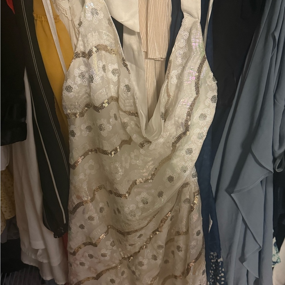 Elegant White and Gold Sequin Dress